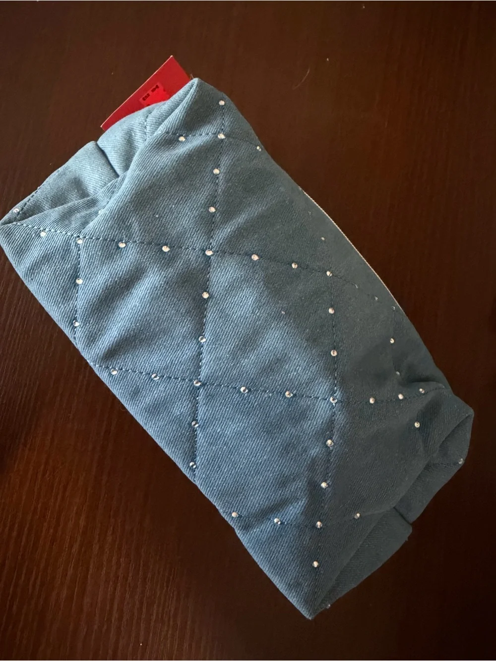 Blue Women's Jeweled Quilted Denim Makeup Bag